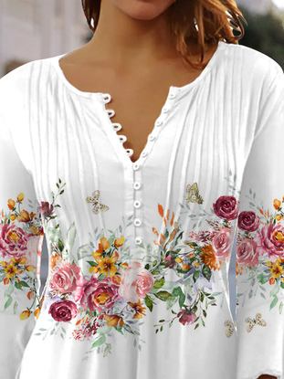 Women's Ethnic Casual V-neck A-Line Tops Long Sleeve Henry Collar Red Rose Print Tunic Daily Hot List