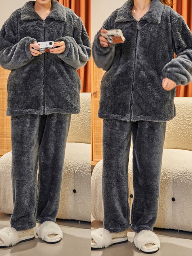Coral Fleece Warm Zipper Jacket Long Homewear Suit Plus Size