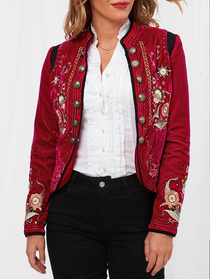 Loose Floral Stand Collar Other Coat