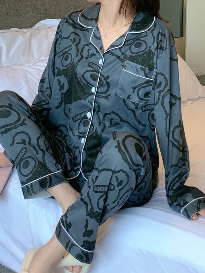 Lapel Long Sleeve Casual Cartoon Homewear Two Piece Plus Size