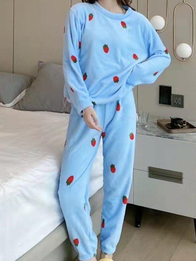 Strawberry Print Long Sleeve Pants Casual Loungewear Two Piece Plus Size