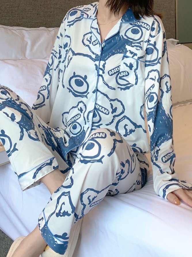 Lapel Long Sleeve Casual Cartoon Homewear Two Piece Plus Size