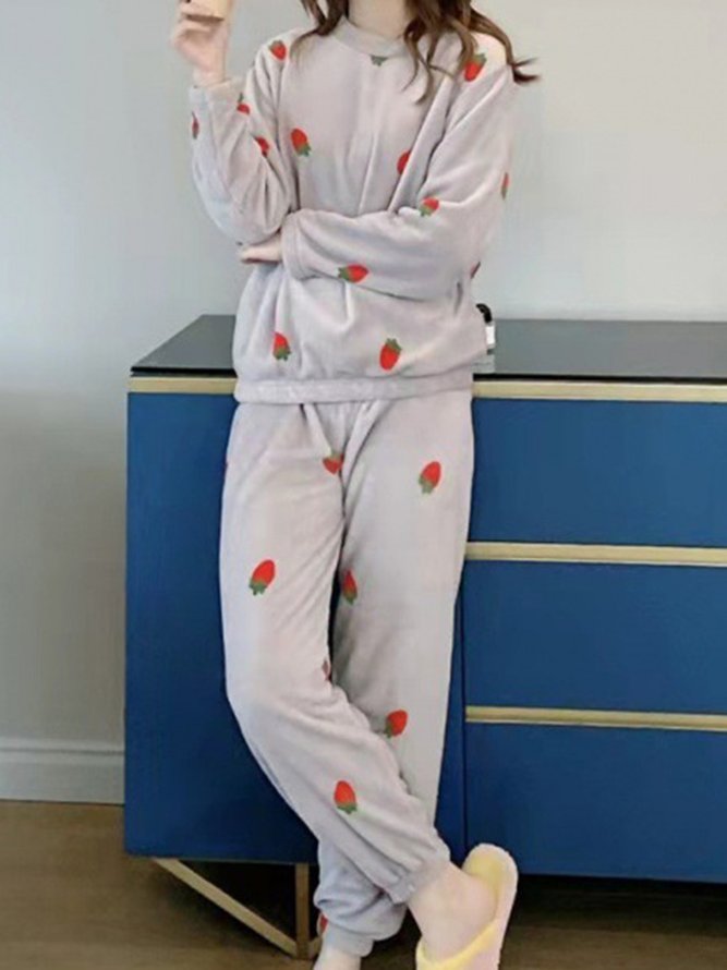 Strawberry Print Long Sleeve Pants Casual Loungewear Two Piece Plus Size
