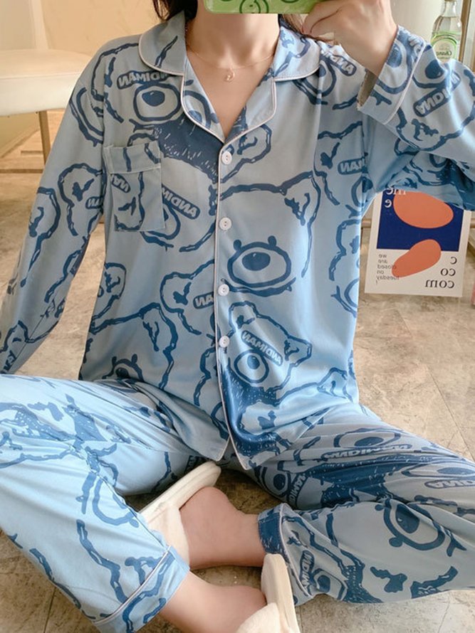 Lapel Long Sleeve Casual Cartoon Homewear Two Piece Plus Size