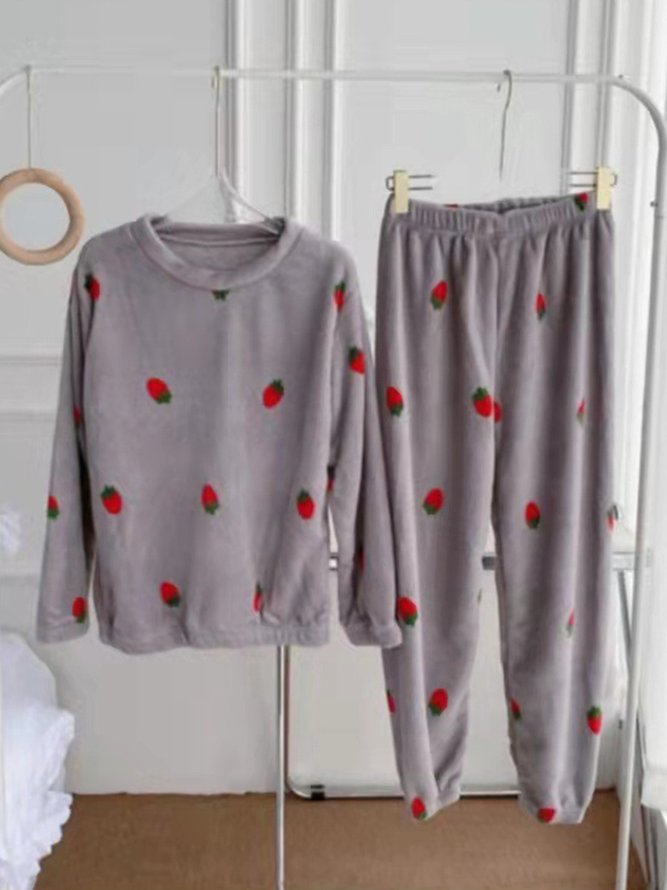 Strawberry Print Long Sleeve Pants Casual Loungewear Two Piece Plus Size