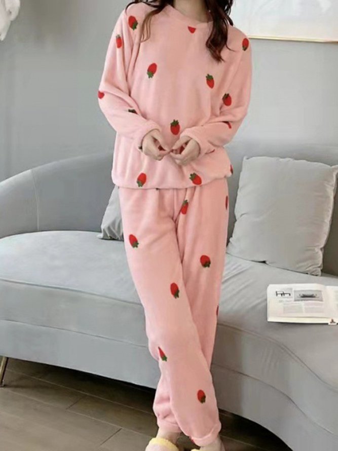 Strawberry Print Long Sleeve Pants Casual Loungewear Two Piece Plus Size