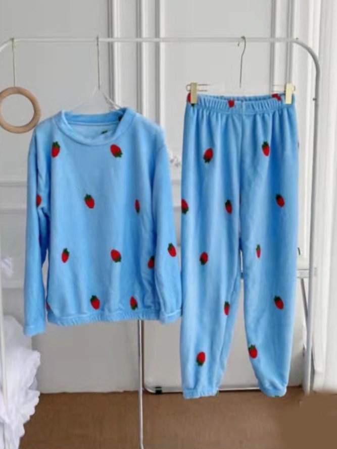 Strawberry Print Long Sleeve Pants Casual Loungewear Two Piece Plus Size