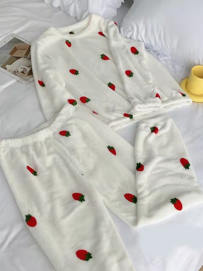 Strawberry Print Long Sleeve Pants Casual Loungewear Two Piece Plus Size
