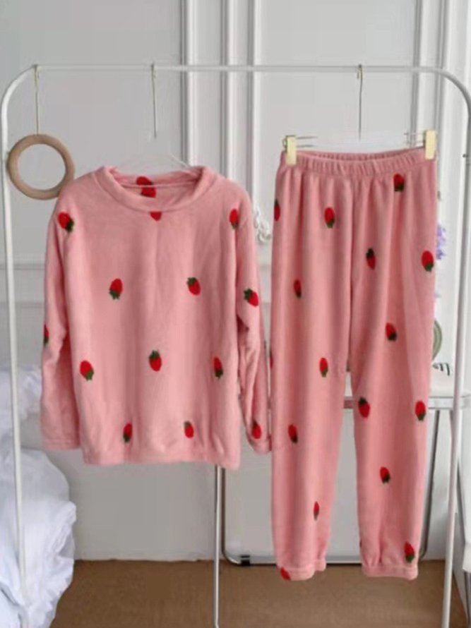 Strawberry Print Long Sleeve Pants Casual Loungewear Two Piece Plus Size