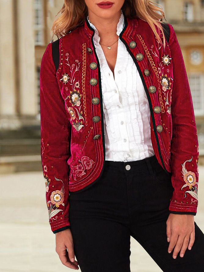 Loose Floral Stand Collar Other Coat
