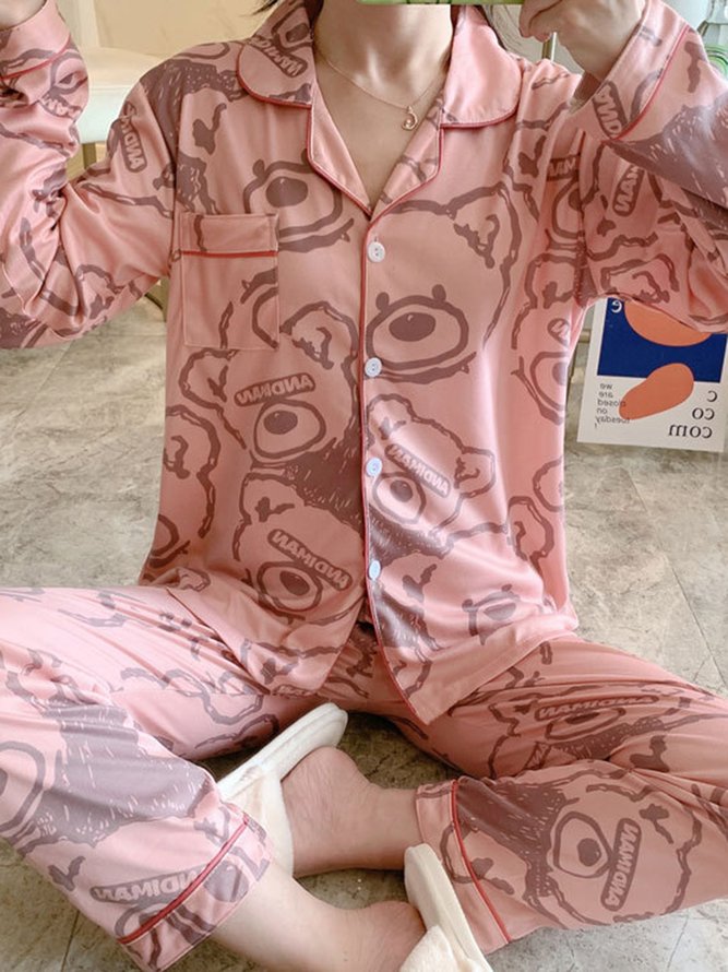 Lapel Long Sleeve Casual Cartoon Homewear Two Piece Plus Size