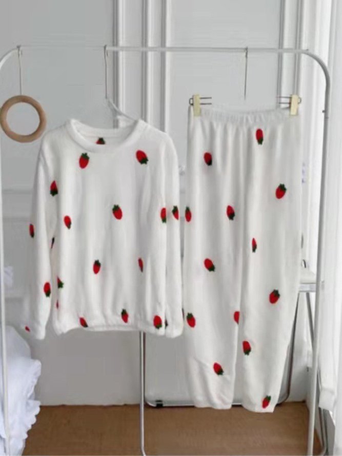 Strawberry Print Long Sleeve Pants Casual Loungewear Two Piece Plus Size