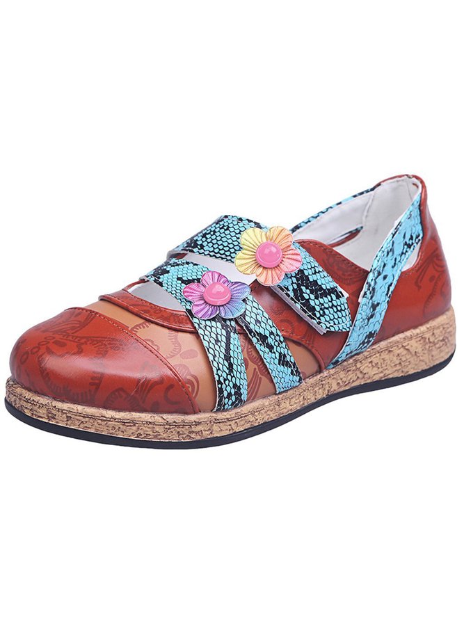 Vintage Contrast Flower Applique Velcro Mary Jane Flat Shoes