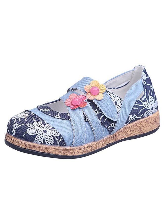 Vintage Contrast Flower Applique Velcro Mary Jane Flat Shoes