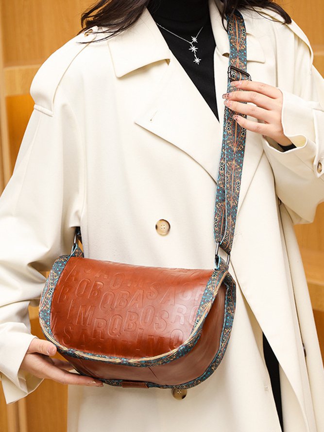 Ethnic Vintage Letter Embossed Shoulder Crossbody Bag