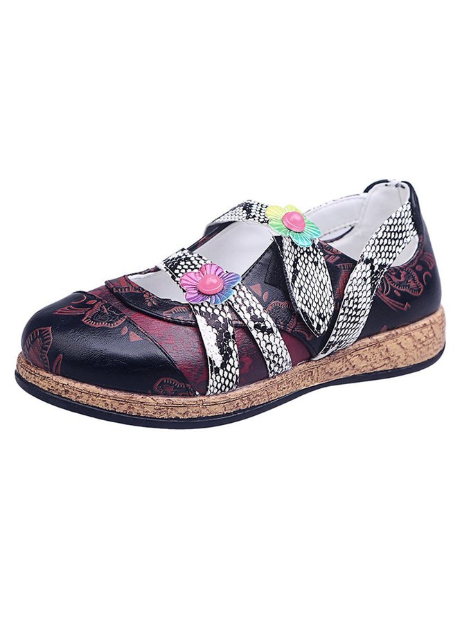 Vintage Contrast Flower Applique Velcro Mary Jane Flat Shoes