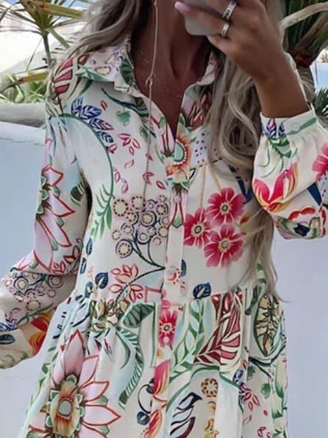 Buttoned Loose Casual Shirt Collar Dress