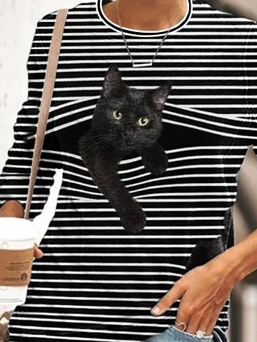 JFN Crew Neck Striped Cat Casual Long Sleeve Sweatshirt
