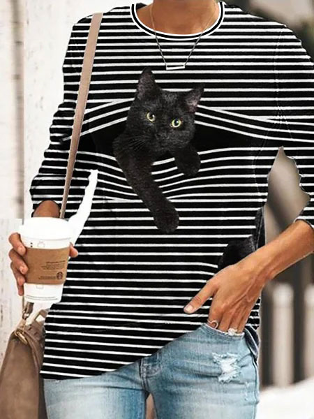 JFN Crew Neck Striped Cat Casual Long Sleeve Sweatshirt