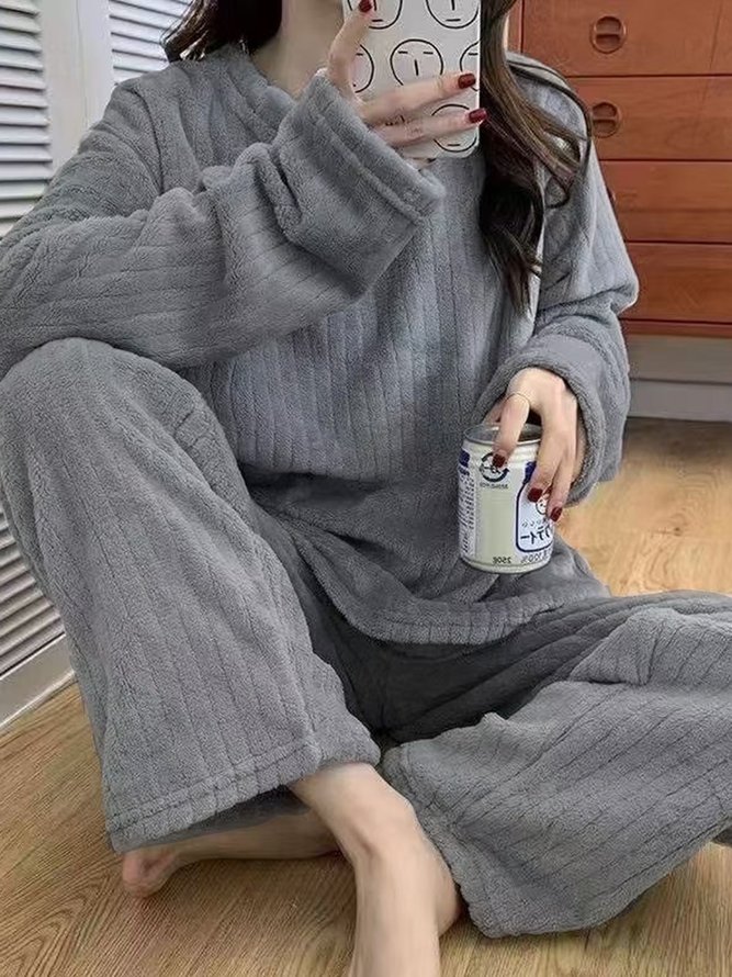 Flannel Thermal Pajamas Long Sleeve Pants Homewear Set Plus Size