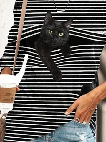 JFN Crew Neck Striped Cat Casual Long Sleeve Sweatshirt