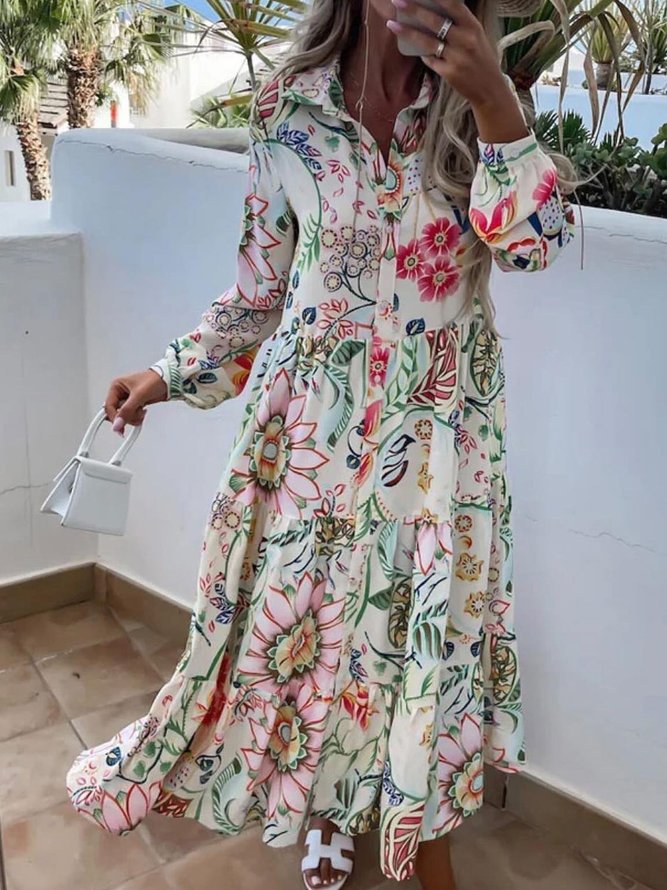 Buttoned Loose Casual Shirt Collar Dress