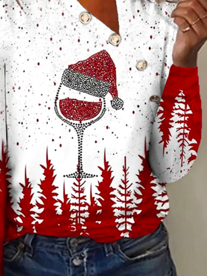 Loose V Neck Urban Color Block Christmas Top
