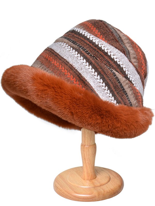 Casual Multicolor Striped Faux Fur Wide Brim Hat Beanie Daily Outdoor Accessories