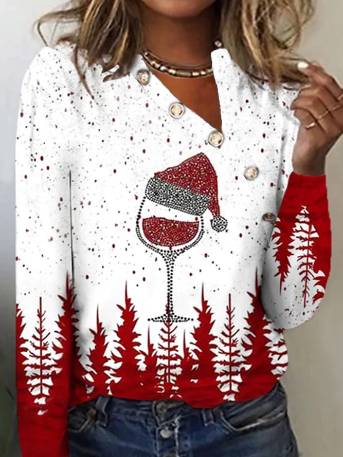 Loose V Neck Urban Color Block Christmas Top