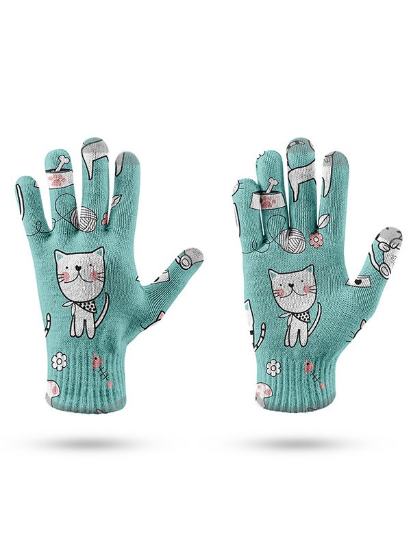 Casual Cat Pattern Cotton Five Finger Gloves Autumn Winter Fun Cartoon Accessories