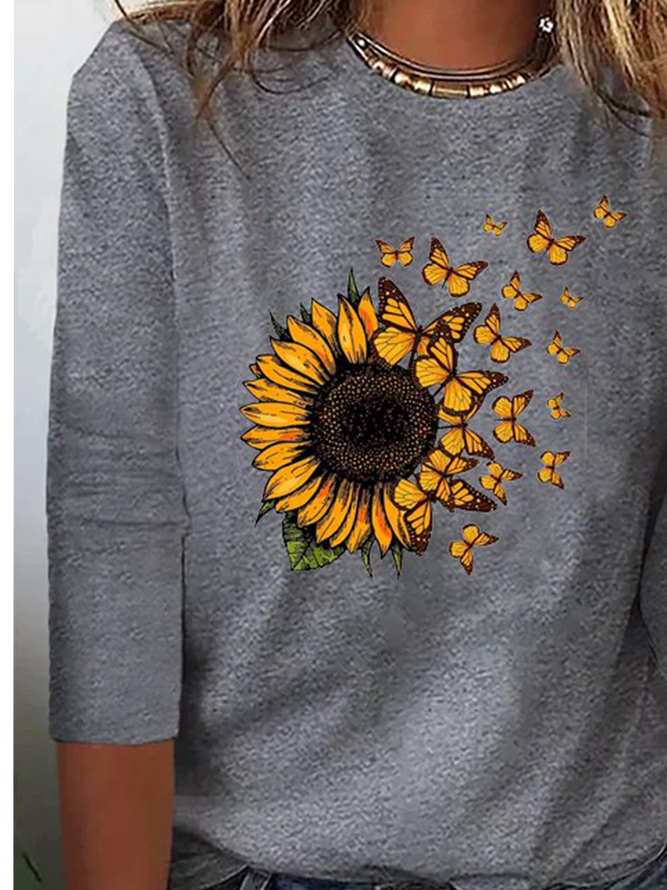 Plus Size Sunflower Long sleeve Crew Neck T-Shirt