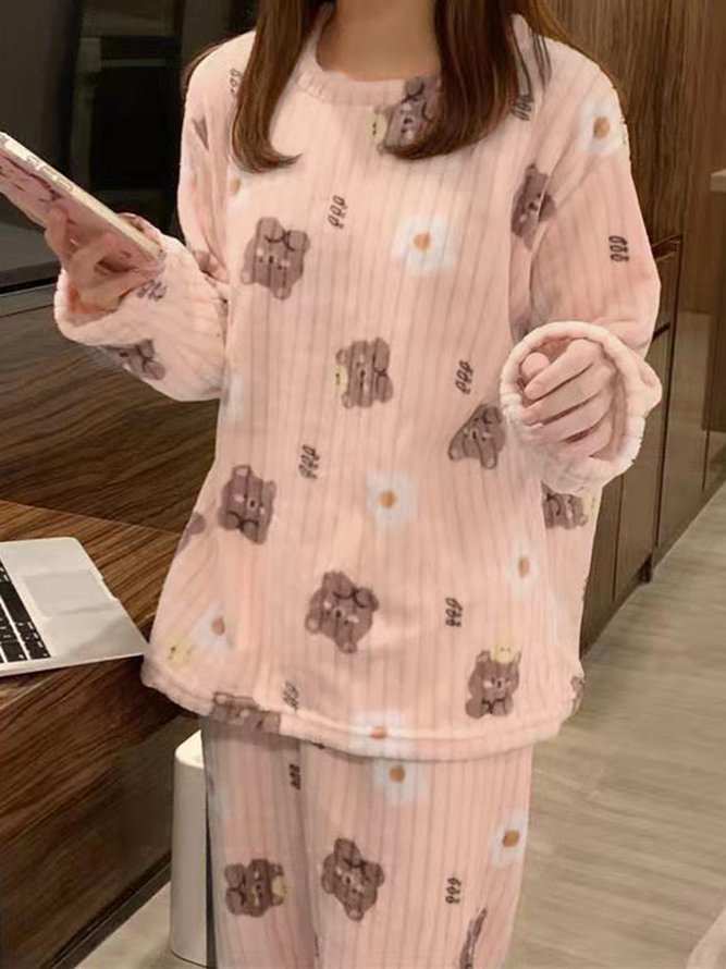 Warm Coral Fleece Cute Bear Pattern Homewear Set Long Sleeve Pants Pajamas Plus Size