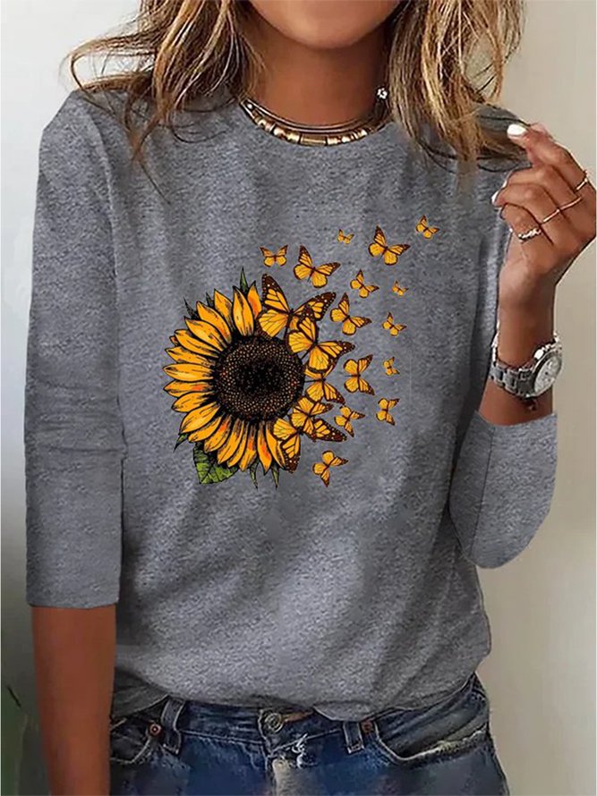 Plus Size Sunflower Long sleeve Crew Neck T-Shirt