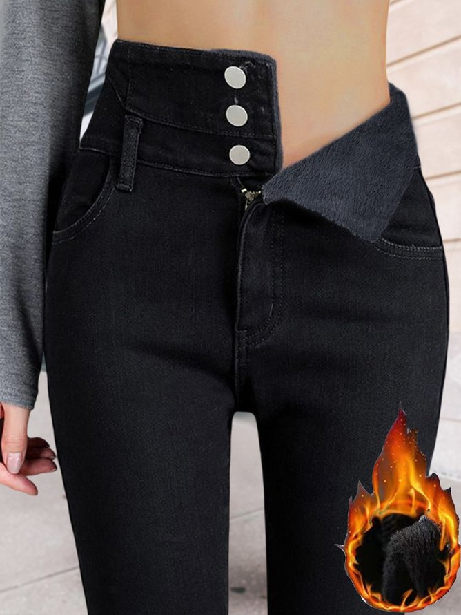 Fluff/Granular Fleece Fabric Casual Tight Jeans