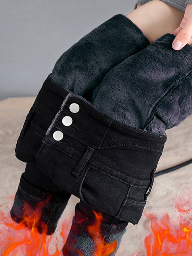 Fluff/Granular Fleece Fabric Casual Tight Jeans