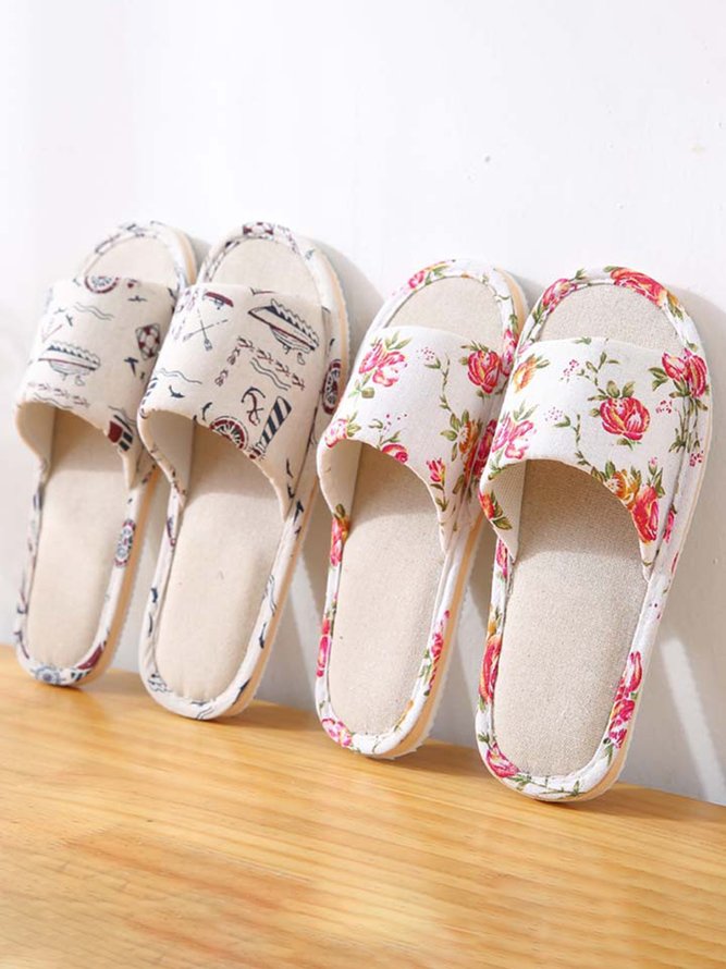 Rose Cat Alphabet Sailboat Print Indoor Non-slip Linen Slippers