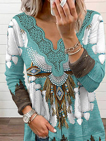 V Neck Casual Cotton-Blend Ethnic Top