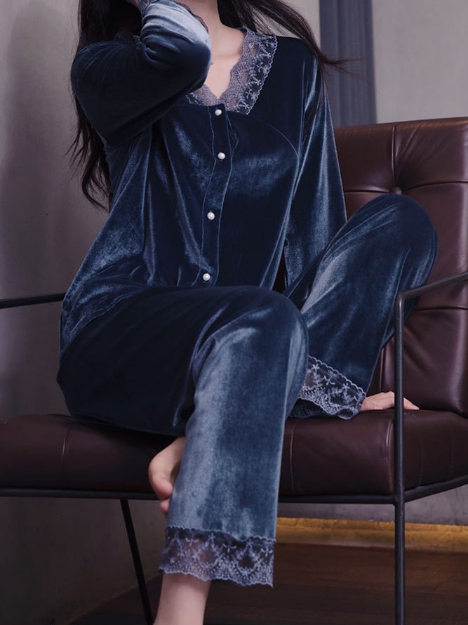 Lace Stitching Gold Velvet Long Sleeve Trousers Loungewear Two Piece Plus Size