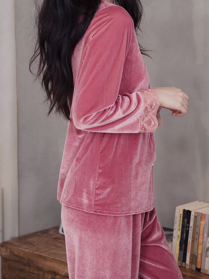 Lace Stitching Gold Velvet Long Sleeve Trousers Loungewear Two Piece Plus Size