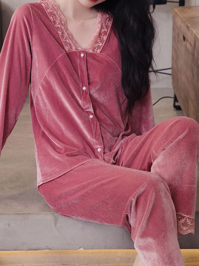 Lace Stitching Gold Velvet Long Sleeve Trousers Loungewear Two Piece Plus Size