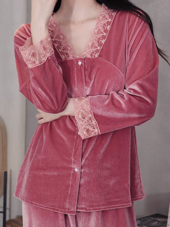 Lace Stitching Gold Velvet Long Sleeve Trousers Loungewear Two Piece Plus Size
