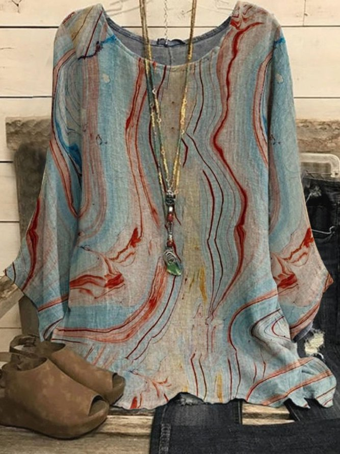 Plus Size Casual Crew Neck Printed Long Sleeve Top