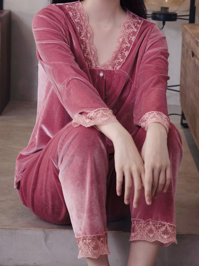 Lace Stitching Gold Velvet Long Sleeve Trousers Loungewear Two Piece Plus Size