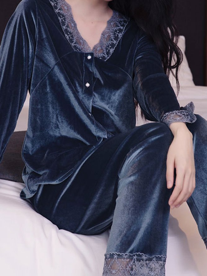 Lace Stitching Gold Velvet Long Sleeve Trousers Loungewear Two Piece Plus Size