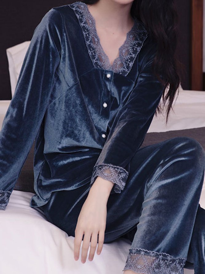 Lace Stitching Gold Velvet Long Sleeve Trousers Loungewear Two Piece Plus Size