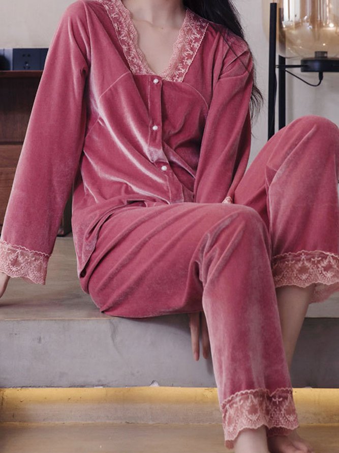 Lace Stitching Gold Velvet Long Sleeve Trousers Loungewear Two Piece Plus Size