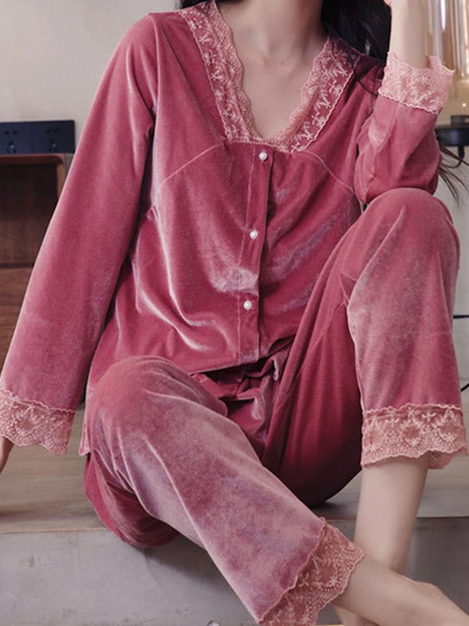 Lace Stitching Gold Velvet Long Sleeve Trousers Loungewear Two Piece Plus Size