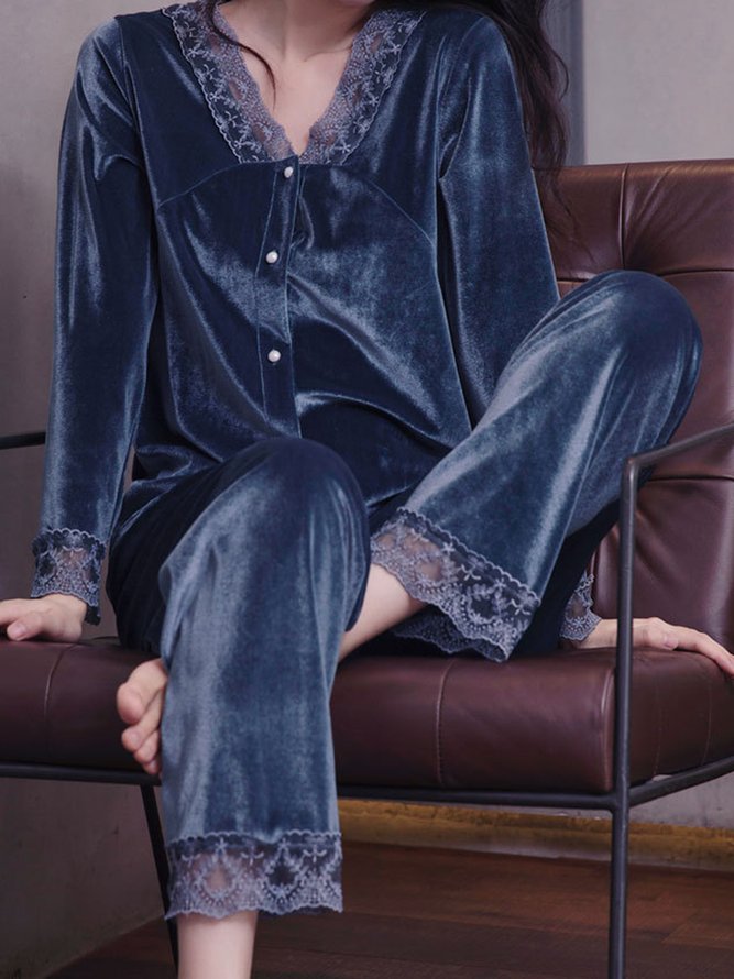 Lace Stitching Gold Velvet Long Sleeve Trousers Loungewear Two Piece Plus Size