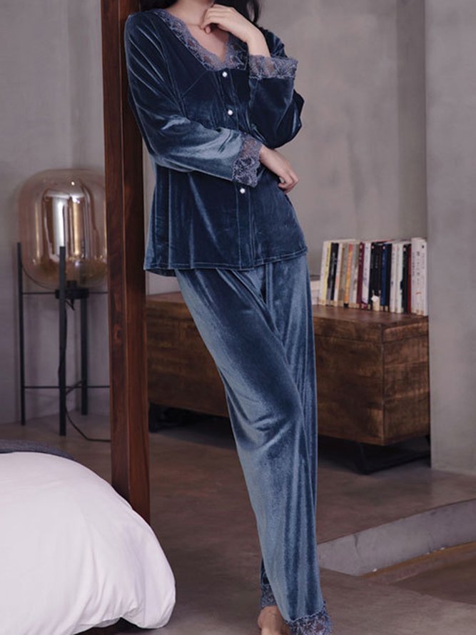 Lace Stitching Gold Velvet Long Sleeve Trousers Loungewear Two Piece Plus Size