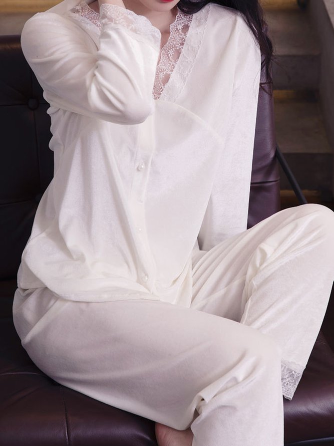 Lace Stitching Gold Velvet Long Sleeve Trousers Loungewear Two Piece Plus Size